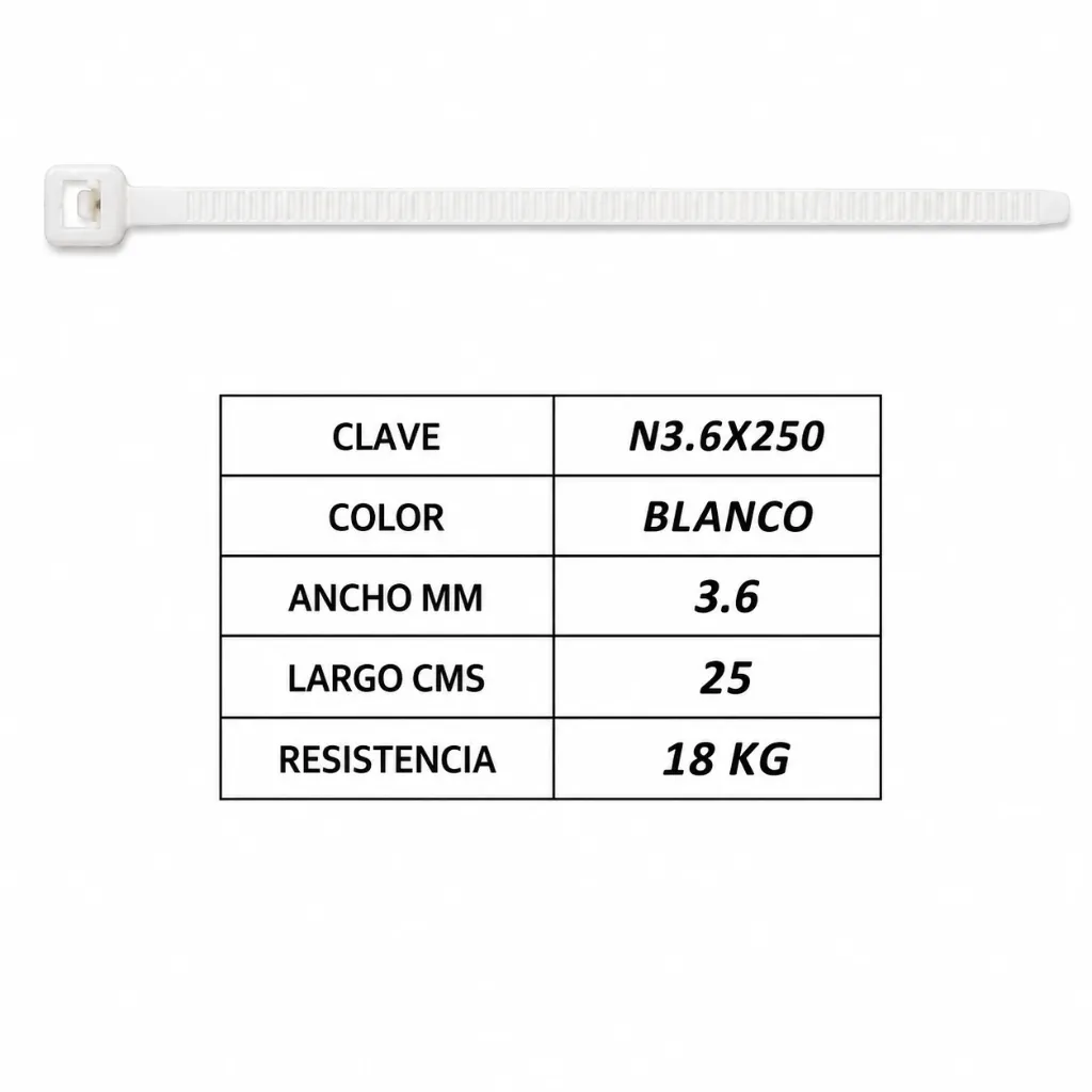 B3.6*250 - CINCHO ANCHO 3.6 MM * LARGO 25 CMS BLANCO